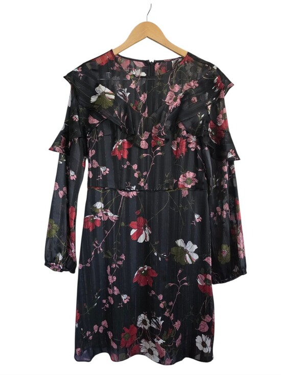 Adrianna Papell Dresses & Skirts - Adrianna Papell Black Floral Long-Sleeve Ruffle Dress with Pink & Red Blooms